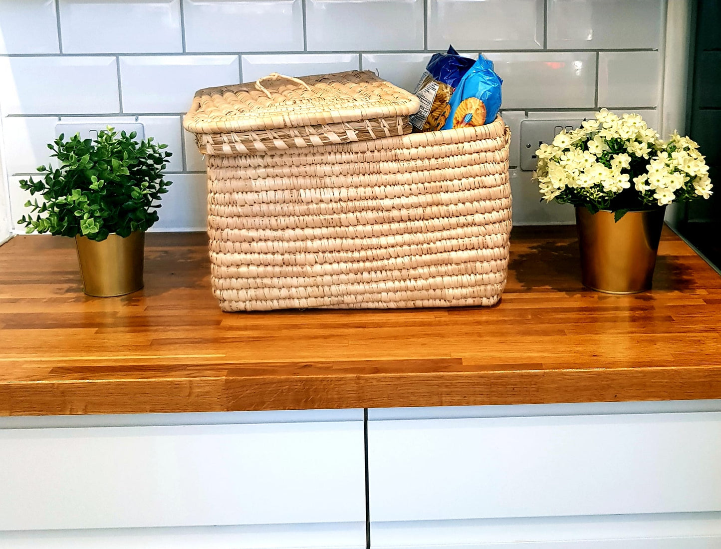 Handwoven Raffia Basket with Lid