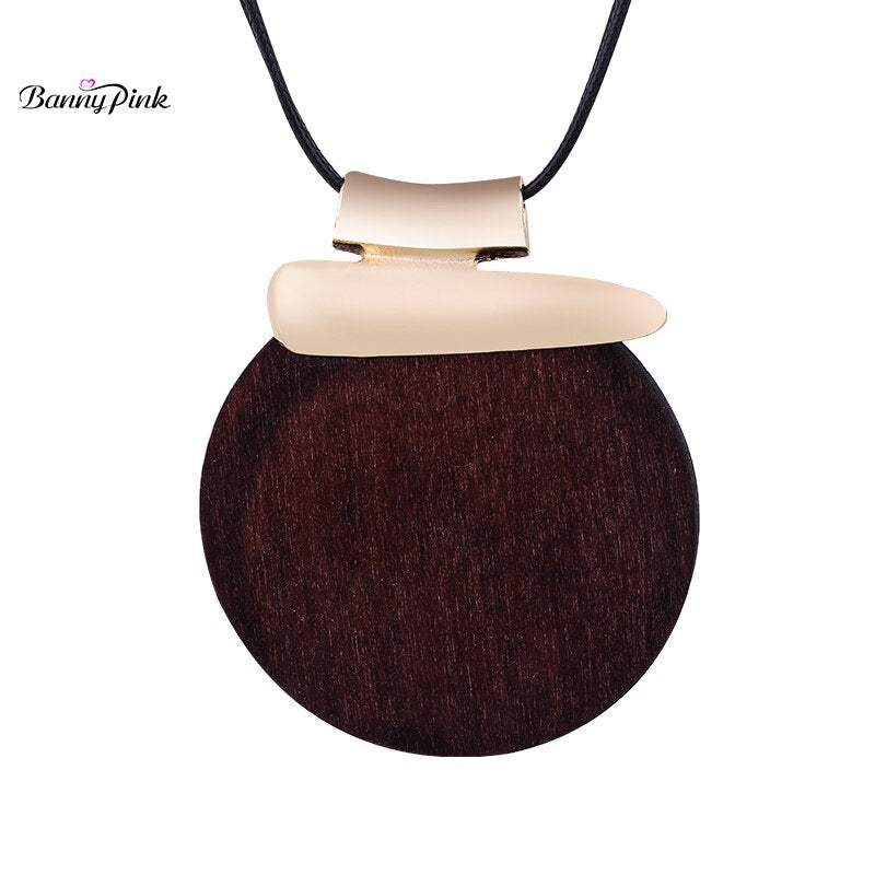Ethnic Round Wood Pendant Necklace