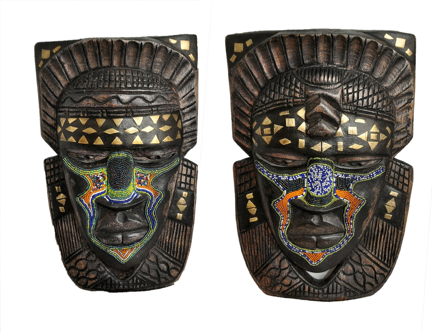 Hand Carved Tribal Beaded Wooden Couple Masks