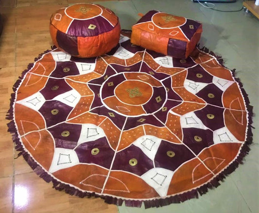 Handmade Cowhide 3 Piece Poufs and Mat