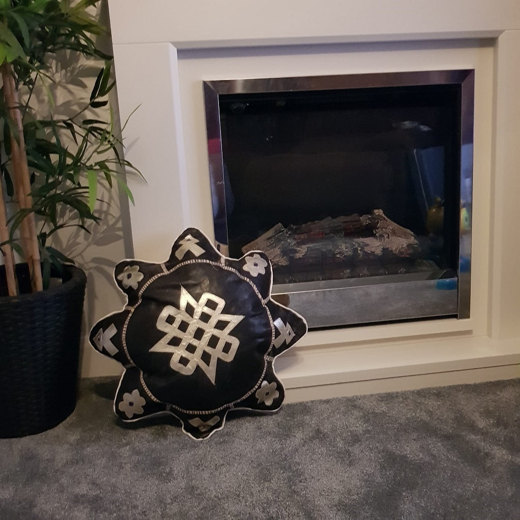 Handmade Cowhide Star Throw Pillow- Black