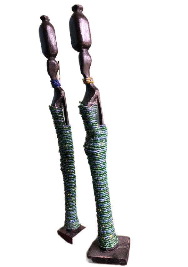 Pair of Hand-Carved Lady Wooden Beaded Statues