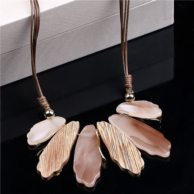 Chunky Boho Wood Resin Long Necklace